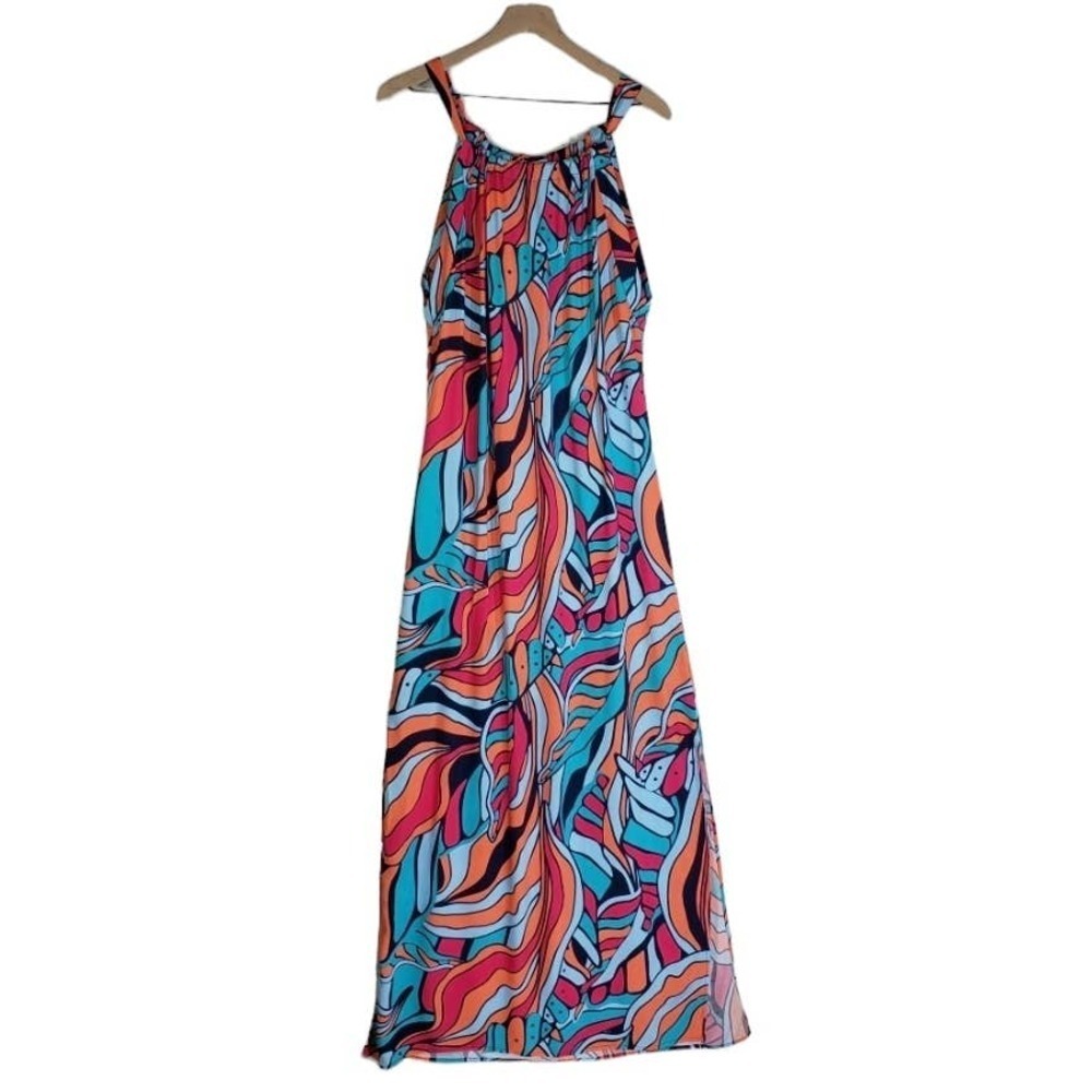 Escapada‎ Living Alice Maxi Dress Swim Cover Up S Coral Aqua Blue Pink Resort